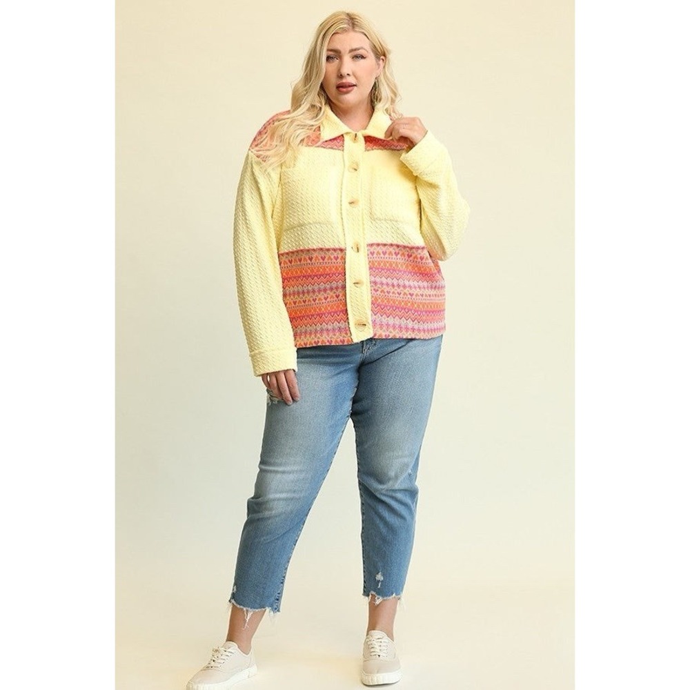 GiGiO USA Lovely Layer Jacket Knit w/Buttons Yellow & Pattern Design Sz. Large